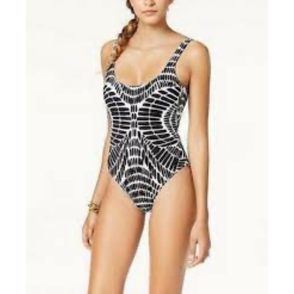 Bar III One Piece Swimsuit Women Large Black White Kaleidoscope New 8MBGE10M
